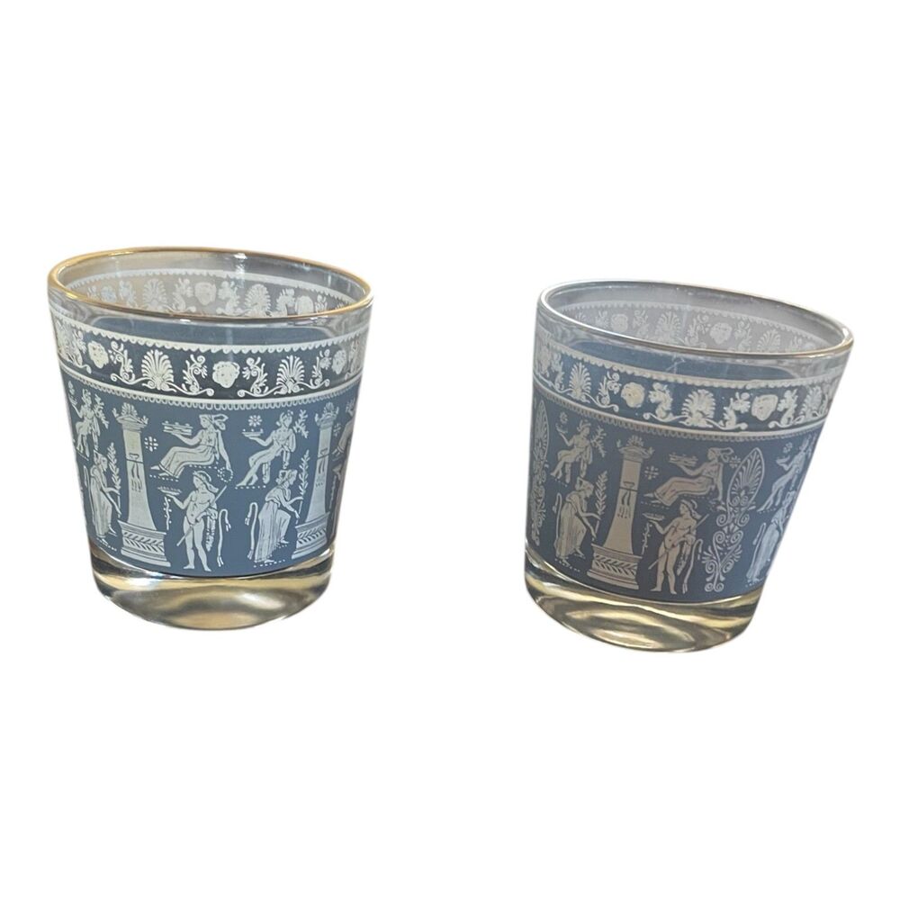 Pair of Midcentury Jeanette Glass Hellenic Style Rocks Glasses Wedgwood Blue